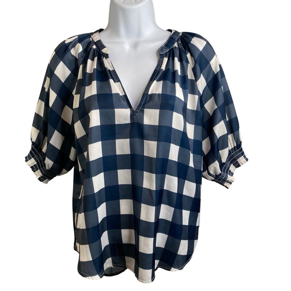 Summersalt Navy Gingham Blouse Size XS Coastal Boho Peasant Flowy Nautical